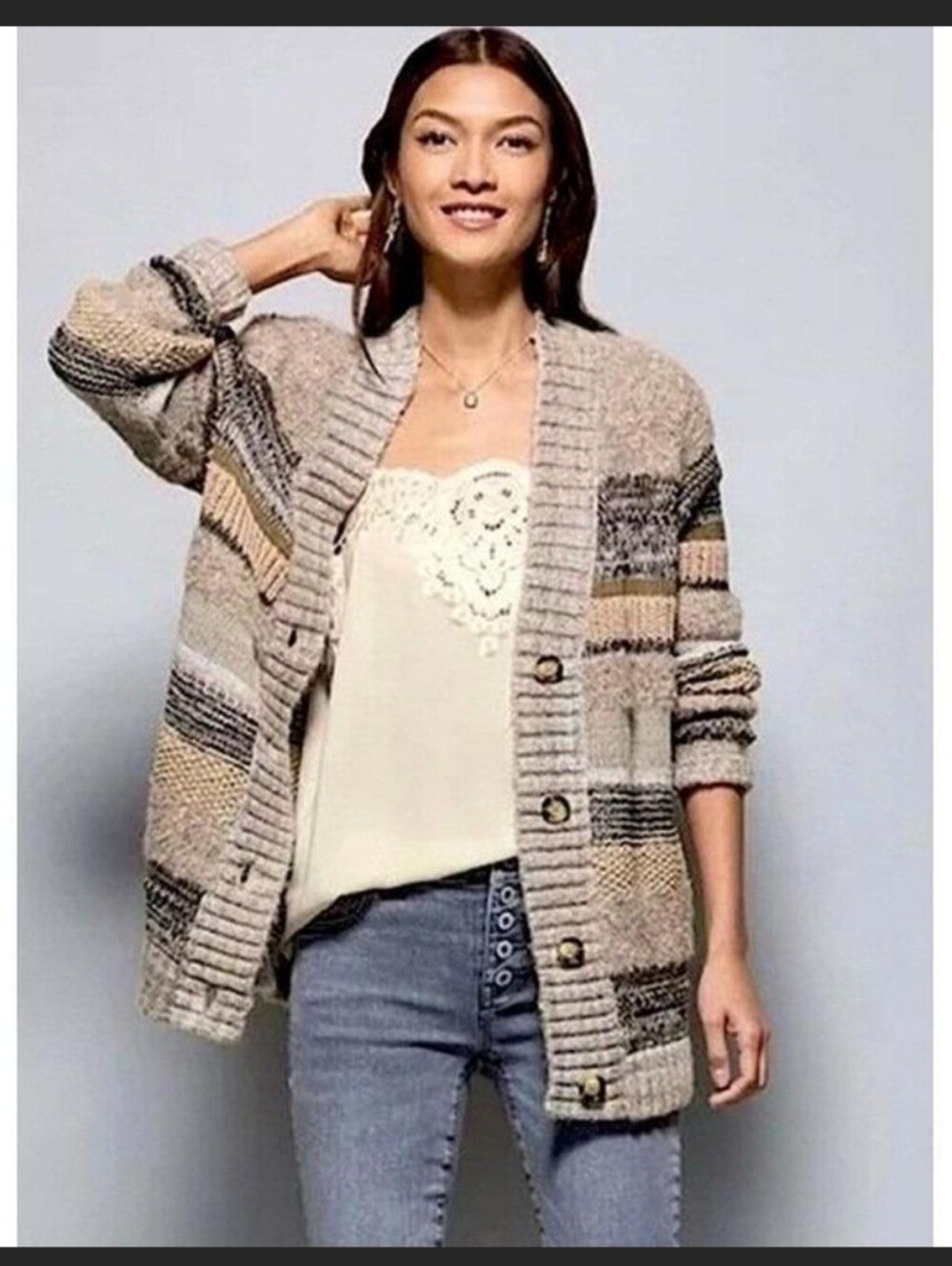 CAbi NWOT Boyfriend Cardigan #4471 Gray Brown Ivory MEDIUM Was $159